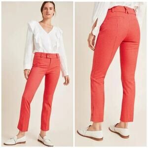 Anthropologie Womens The Essential Slim Trousers Size 8 Red Rouge Windowpane
